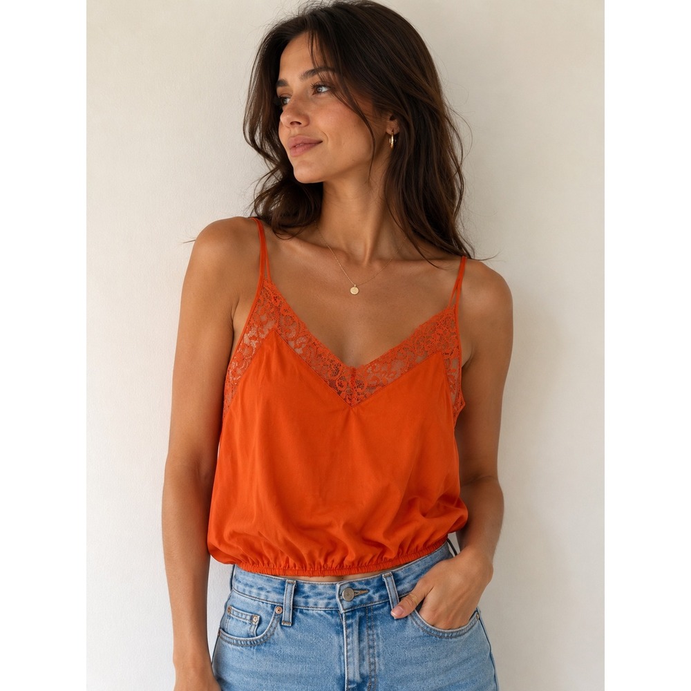 Lush Womens Orange Satin Lace Trim Cropped Camisole Top S Adjustable Cami y2k